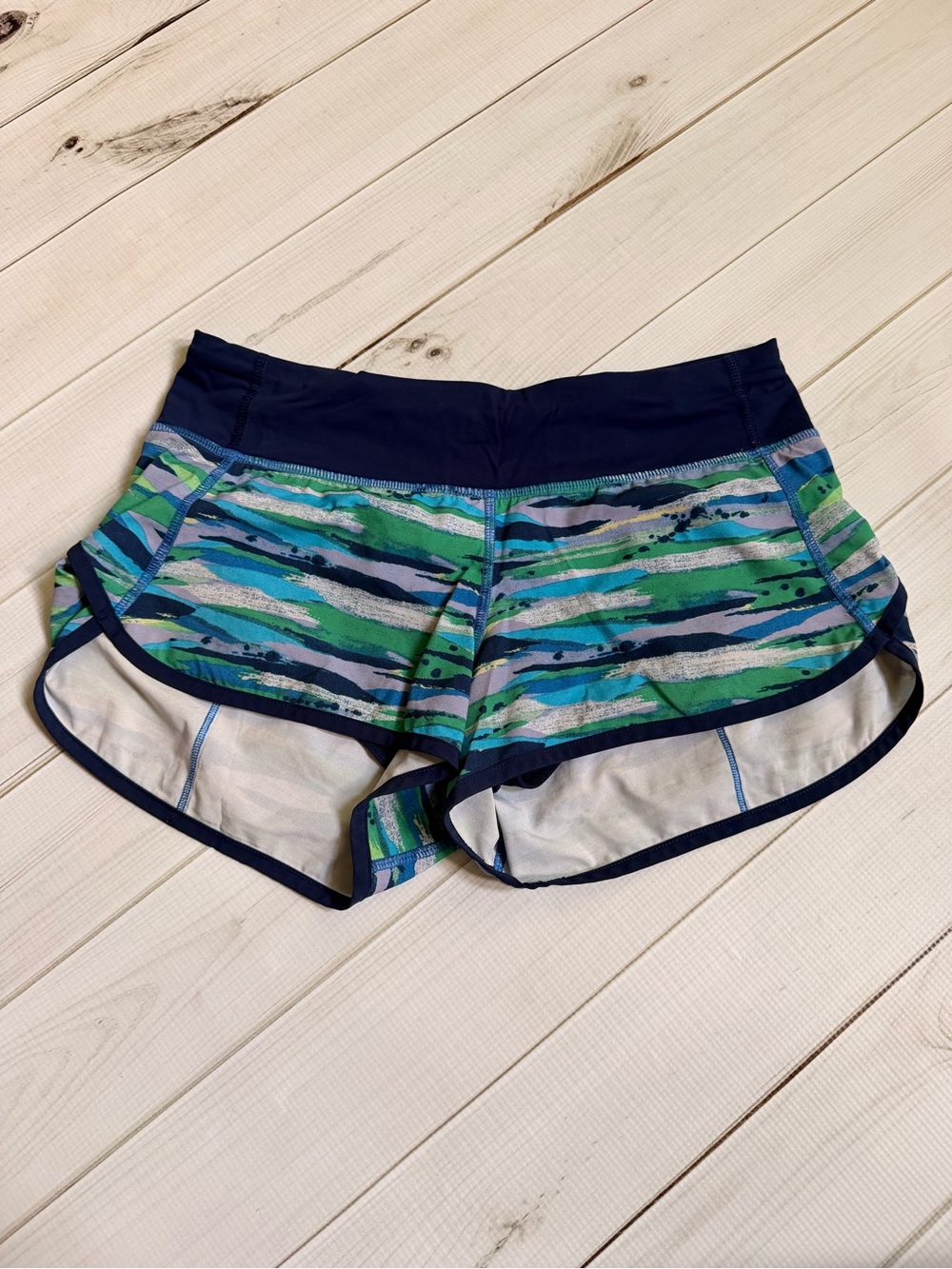 lululemon athletica Navy Waistband Blue & Green Striped Running Shorts